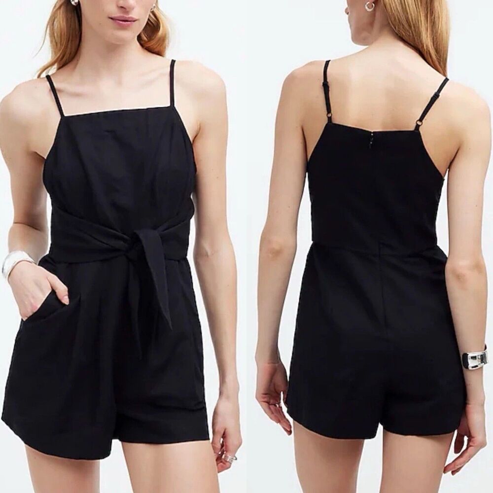 MADEWELL Tie-Waist Linen Blend Romper 2 Black Strappy Shorts Casual NWT B13